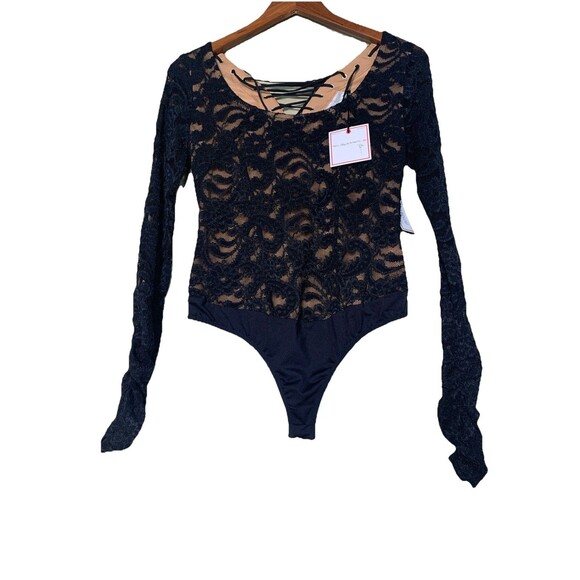 Bisou Bisou Tops - New Bisou Bisou‎ Women’s Black Lace Bodysuit Blouse Lace-up Back Sexy Size Small